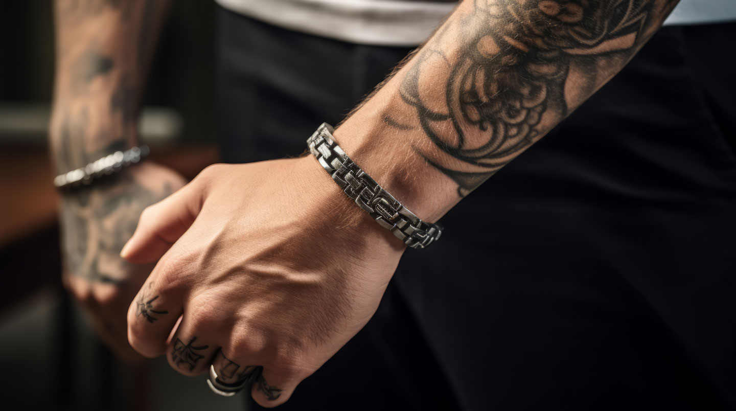 Poignet féminin portant un bracelet moderne en titane anthracite au design géométrique épuré, main posée sur comptoir blanc dans un intérieur contemporain lumineux