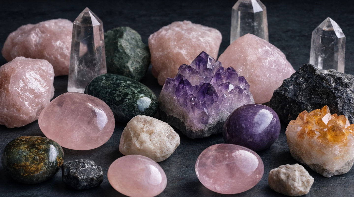 Trois bracelets délicats disposés sur marbre blanc présentant respectivement un quartz rose translucide, une améthyste violette et une obsidienne noire brillante