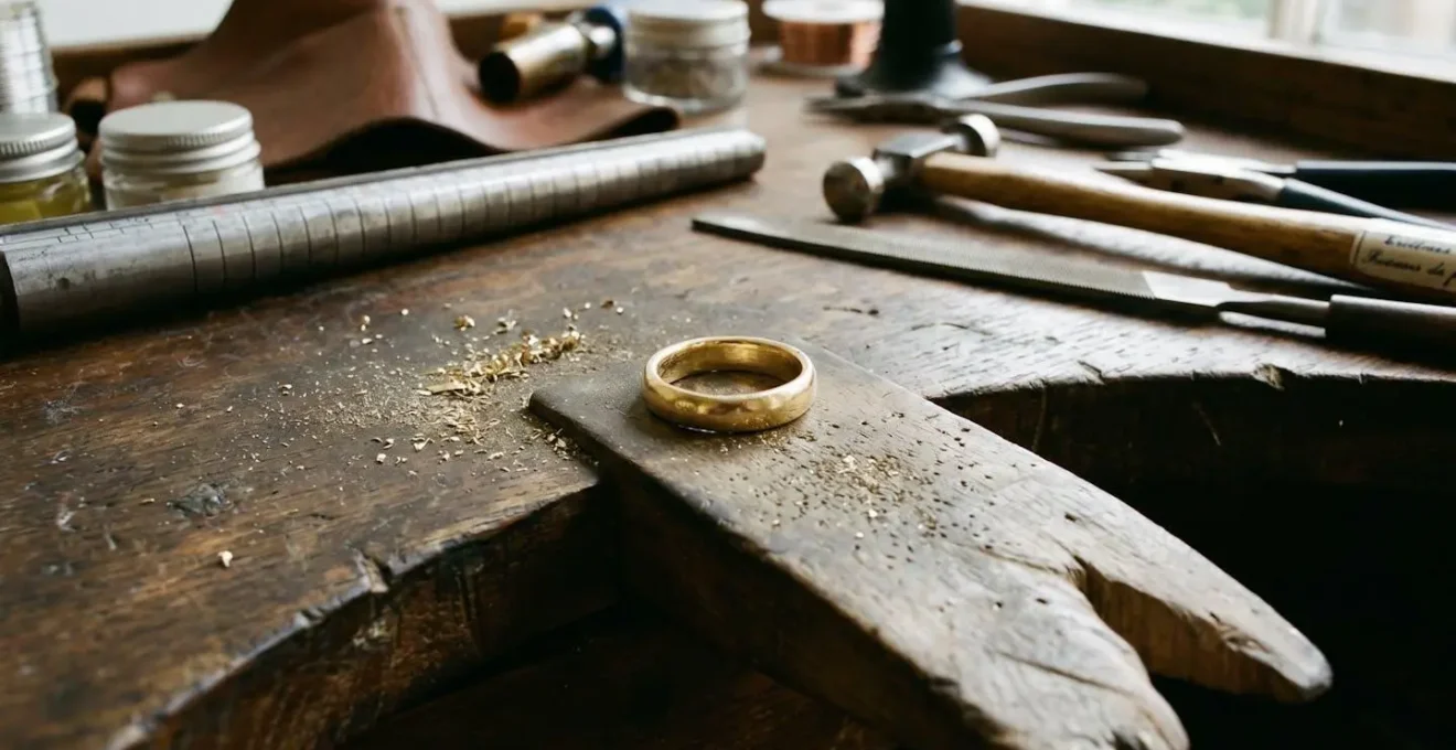 Alliance en or jaune posée sur établi de joaillier en bois avec outils artisanaux en arrière-plan flou