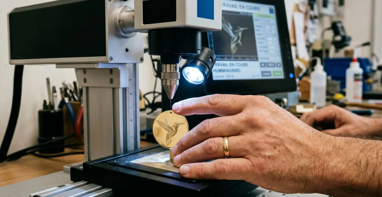 Main de graveur guidant un pendentif en or sous machine à graver laser avec motif colibri partiellement gravé visible