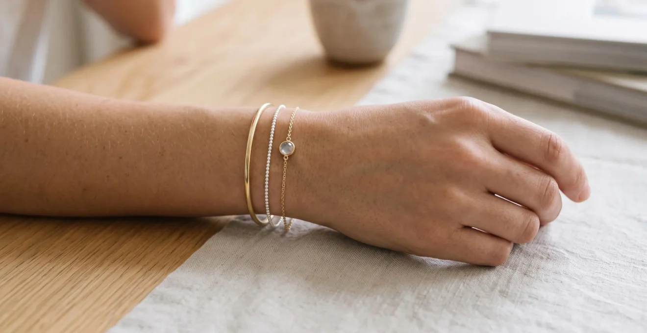 Poignet féminin portant trois bracelets empilés harmonieusement : bracelet or fin, argent sterling perlé et bracelet avec pierre semi-précieuse sur fond naturel doux