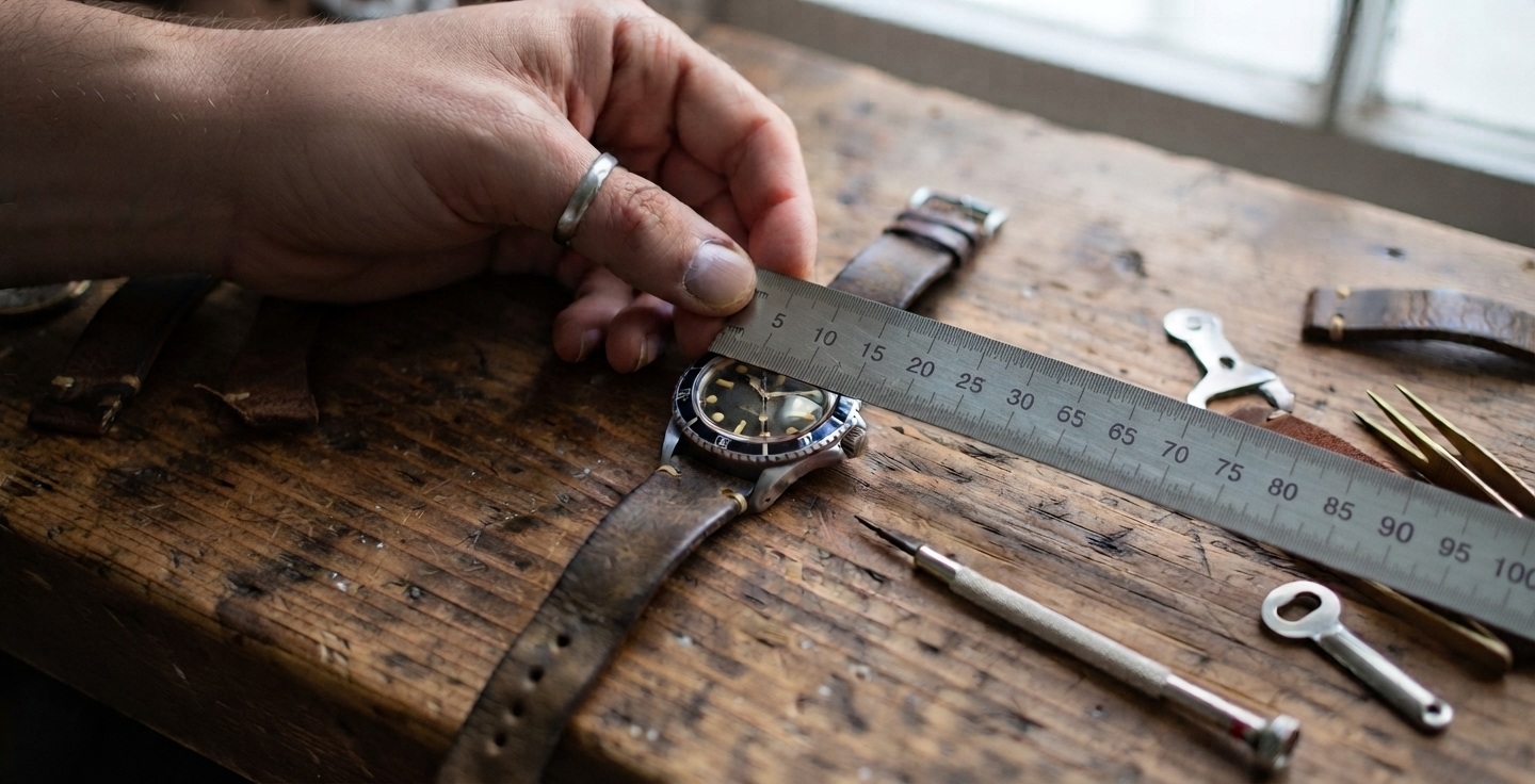 Main utilisant une règle graduée pour mesurer la largeur entre les cornes d'une montre sur une table en bois