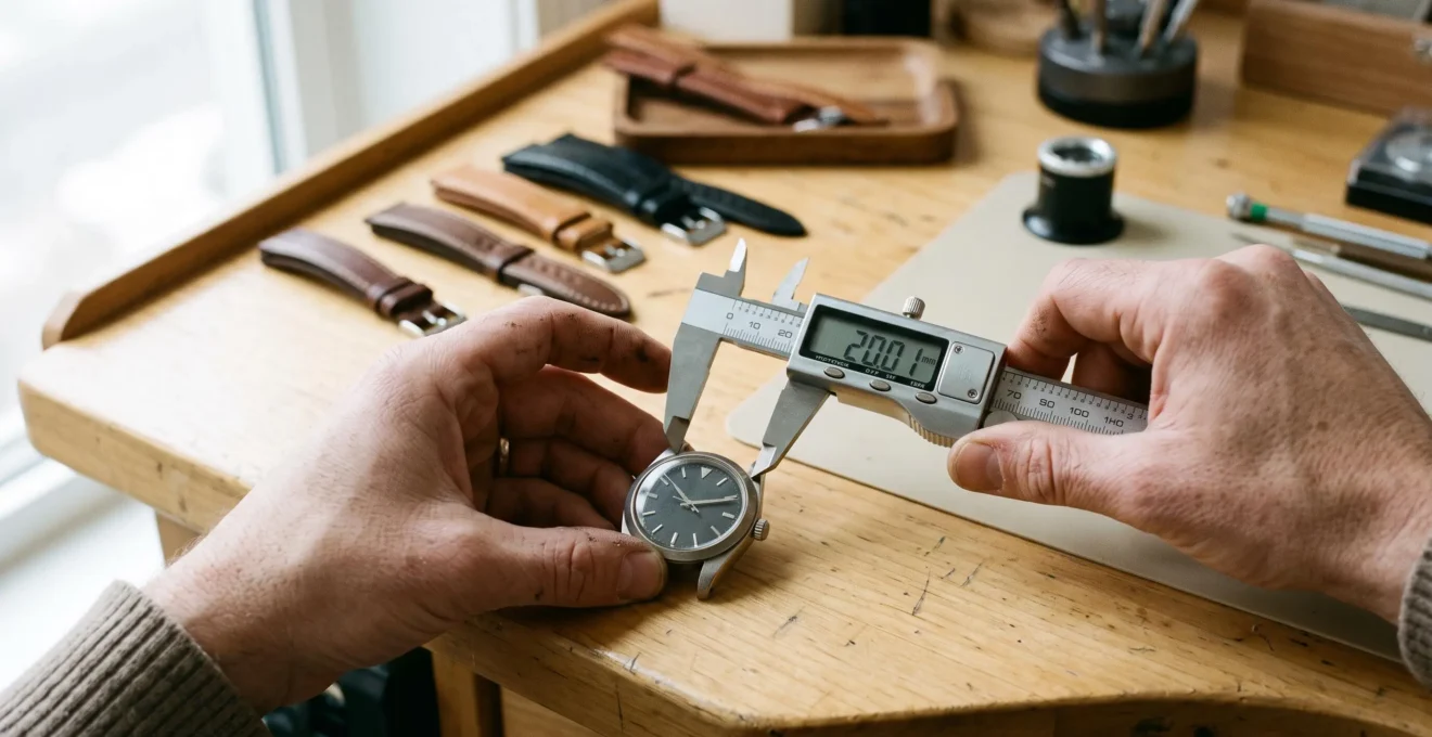 Mains mesurant l'entraxe d'une montre avec un pied à coulisse numérique sur un établi d'horloger