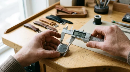 Mains mesurant l'entraxe d'une montre avec un pied à coulisse numérique sur un établi d'horloger